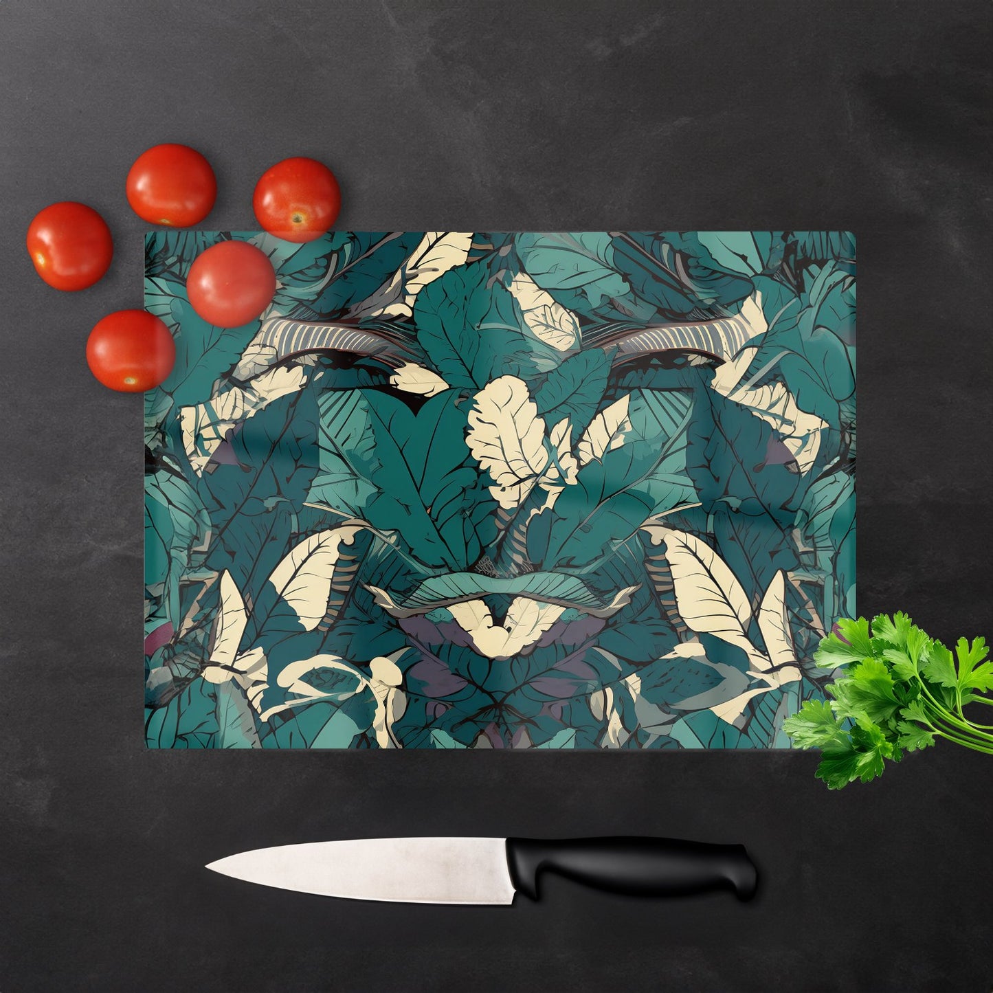 Green Beige Tropical Leaves Glass Chopping Board