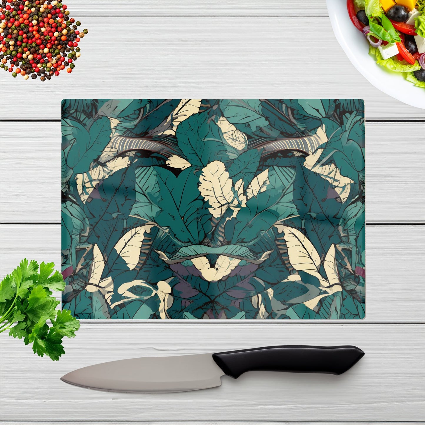Green Beige Tropical Leaves Glass Chopping Board