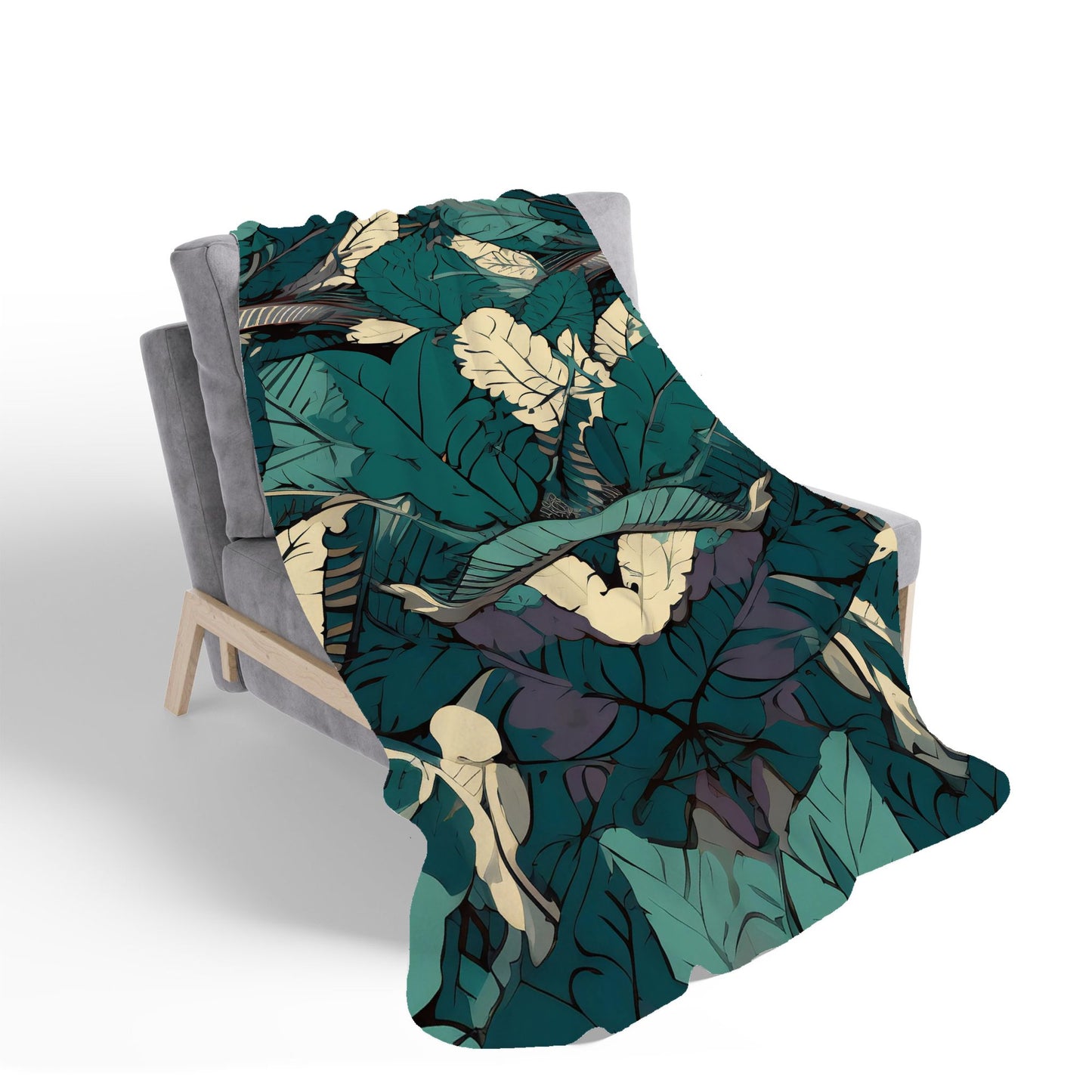 Green Beige Tropical Leaves Sherpa Blanket