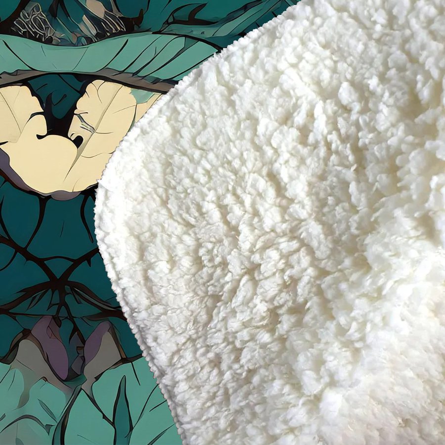 Green Beige Tropical Leaves Sherpa Blanket
