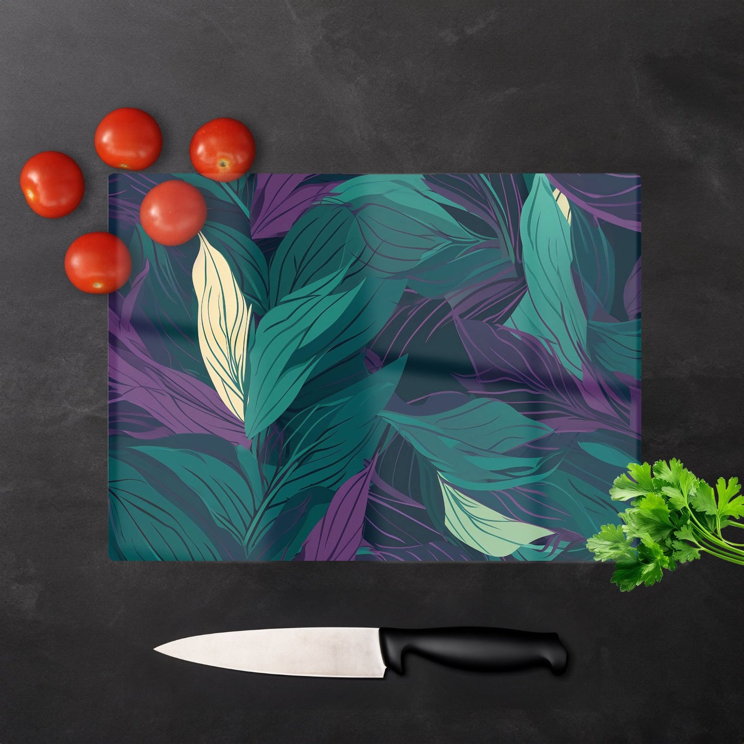 Green Purple Tropical Leaves Glass Chopping Board