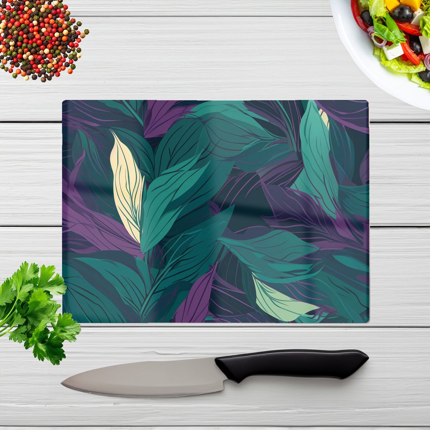 Green Purple Tropical Leaves Glass Chopping Board