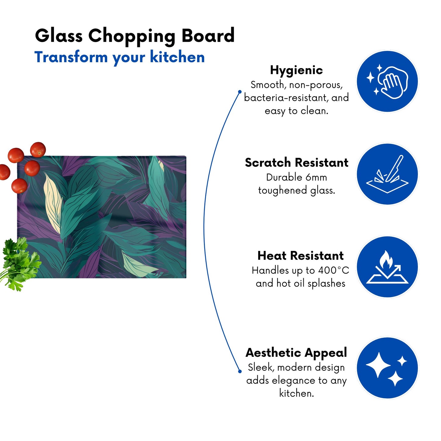 Green Purple Tropical Leaves Glass Chopping Board