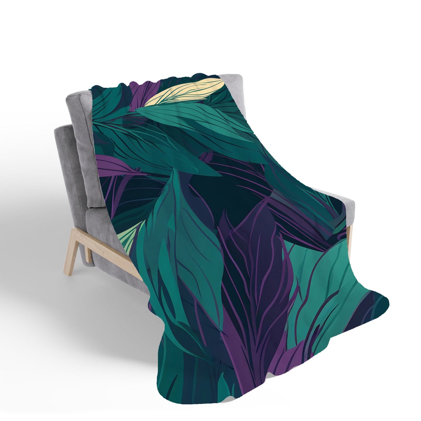 Green Purple Tropical Leaves Sherpa Blanket