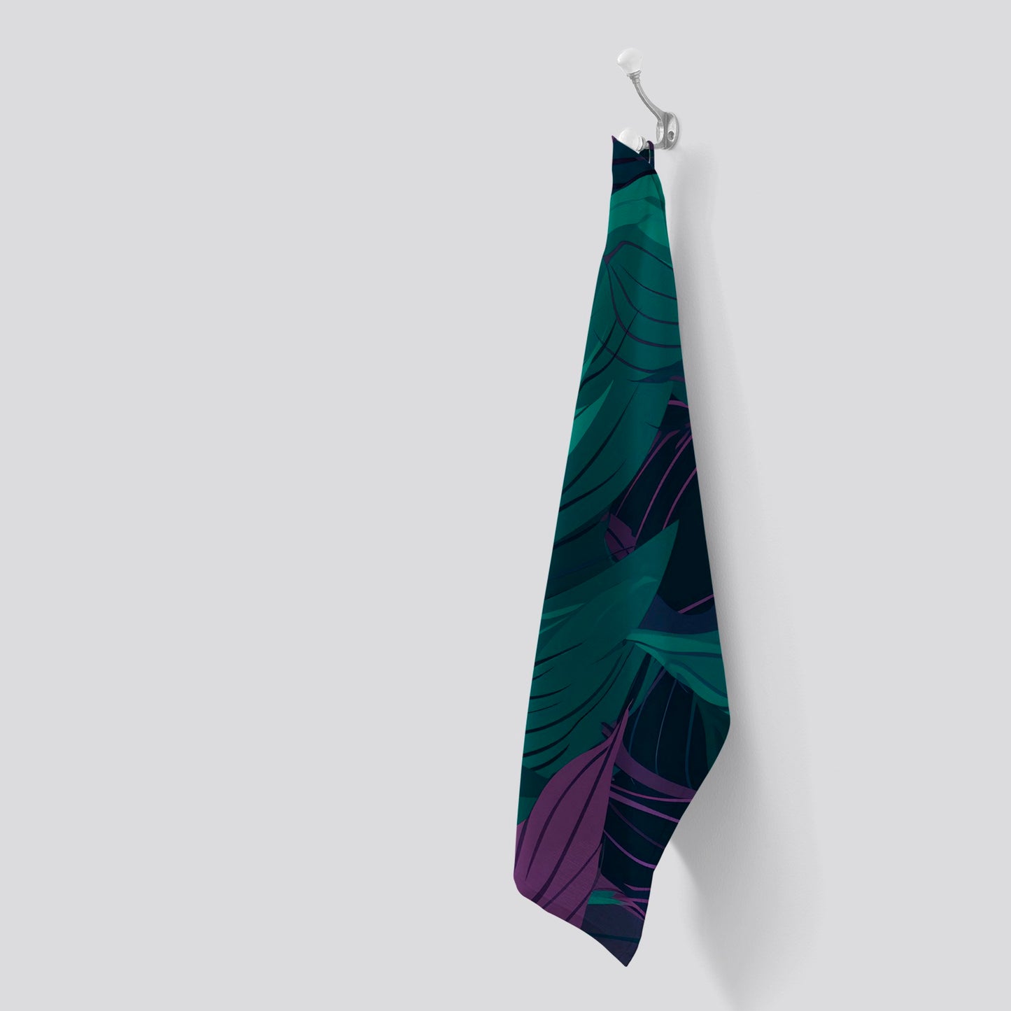 Green Purple Tropical Leaves Tea Towel