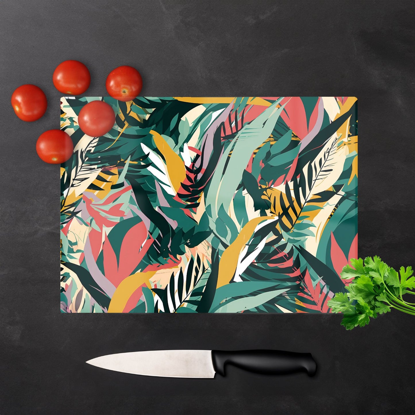 Coloured Tropical Leaves Glass Chopping Board