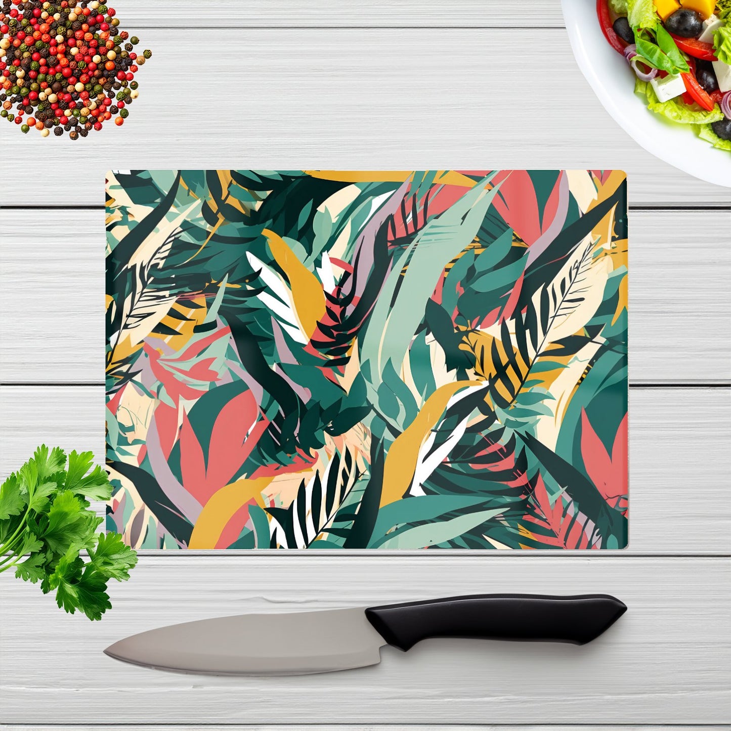 Coloured Tropical Leaves Glass Chopping Board