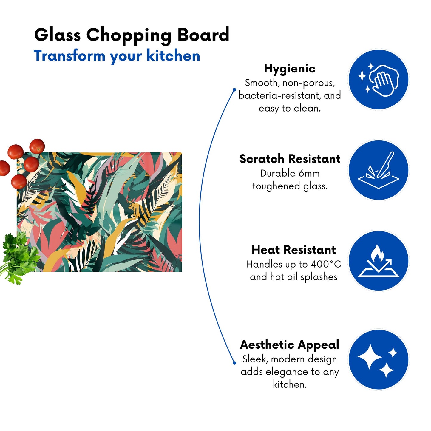 Coloured Tropical Leaves Glass Chopping Board