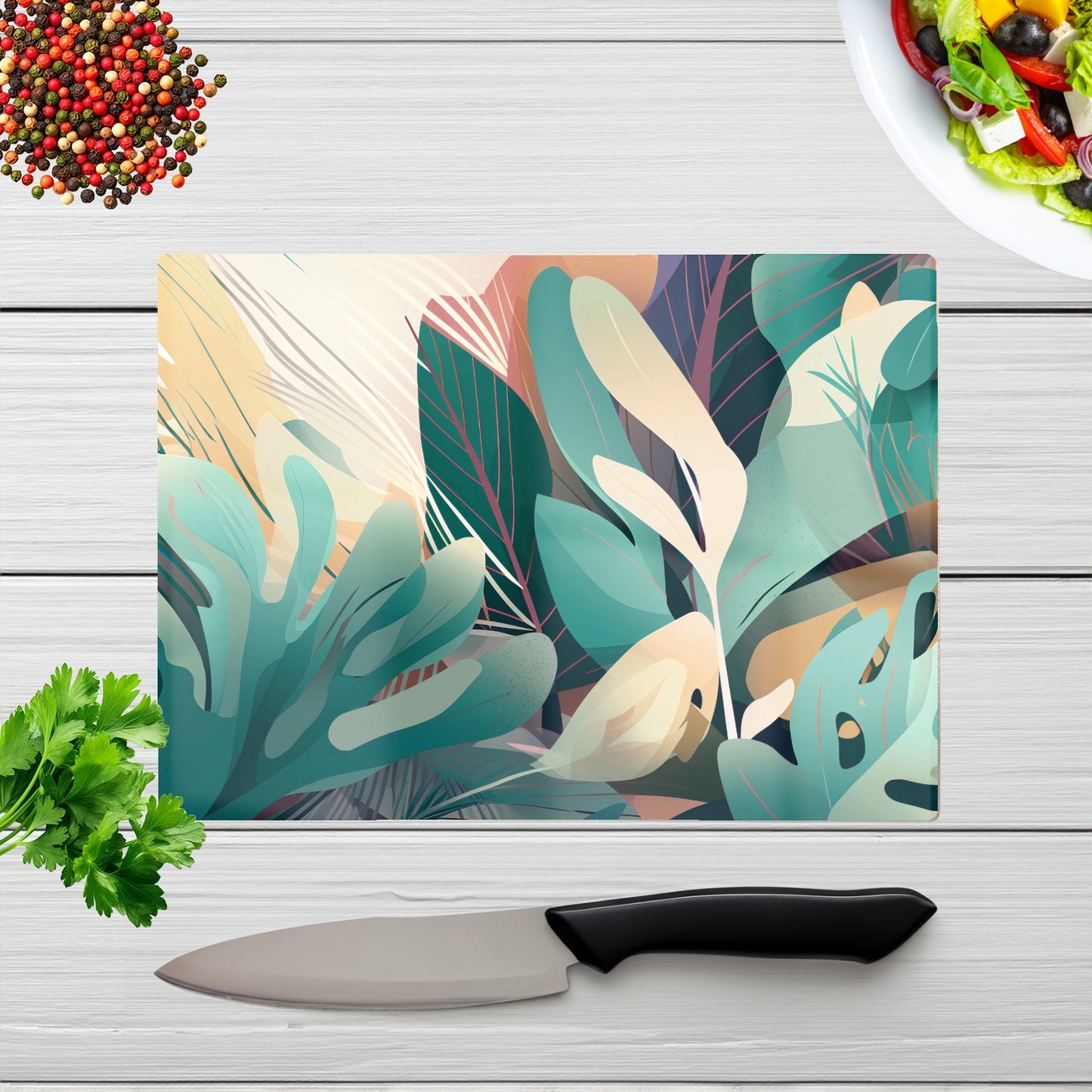 Abstract Tropical Leaves Glass Chopping Board