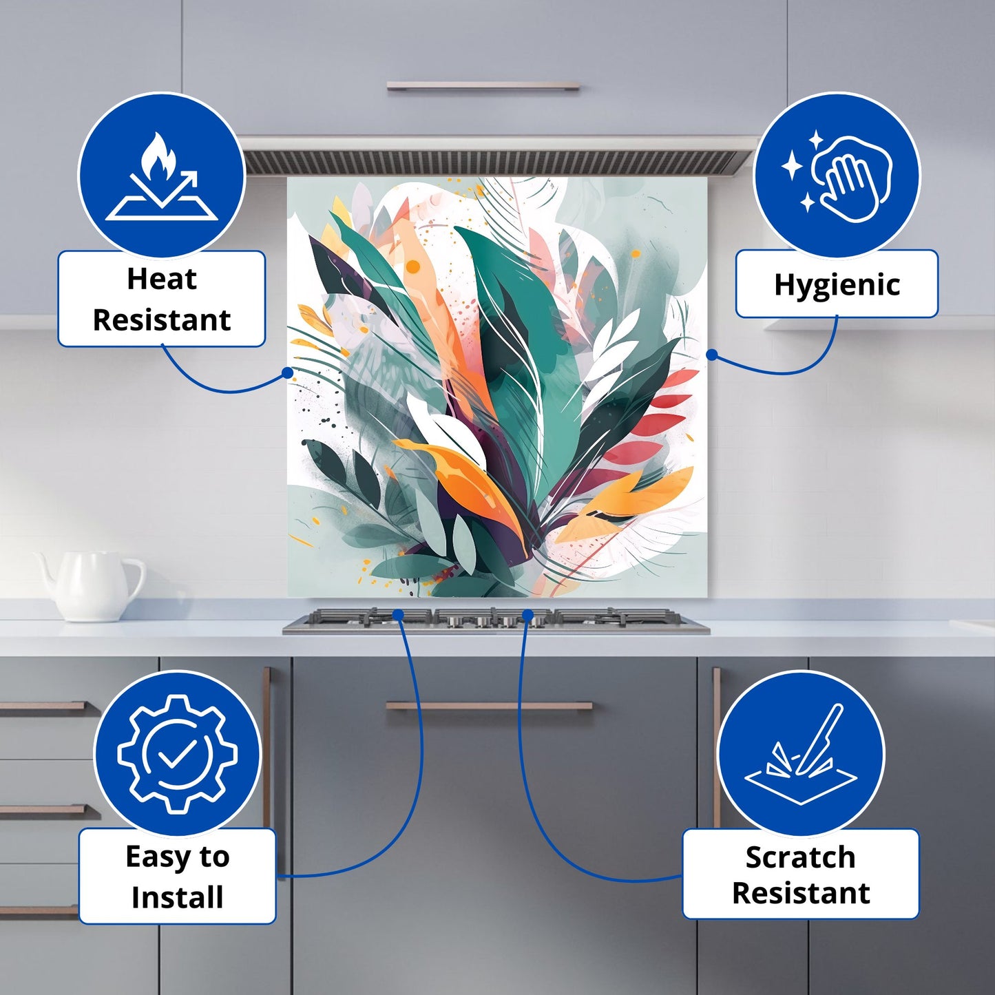 Coloured Abstrace Feather Leaves Kitchen Splashback