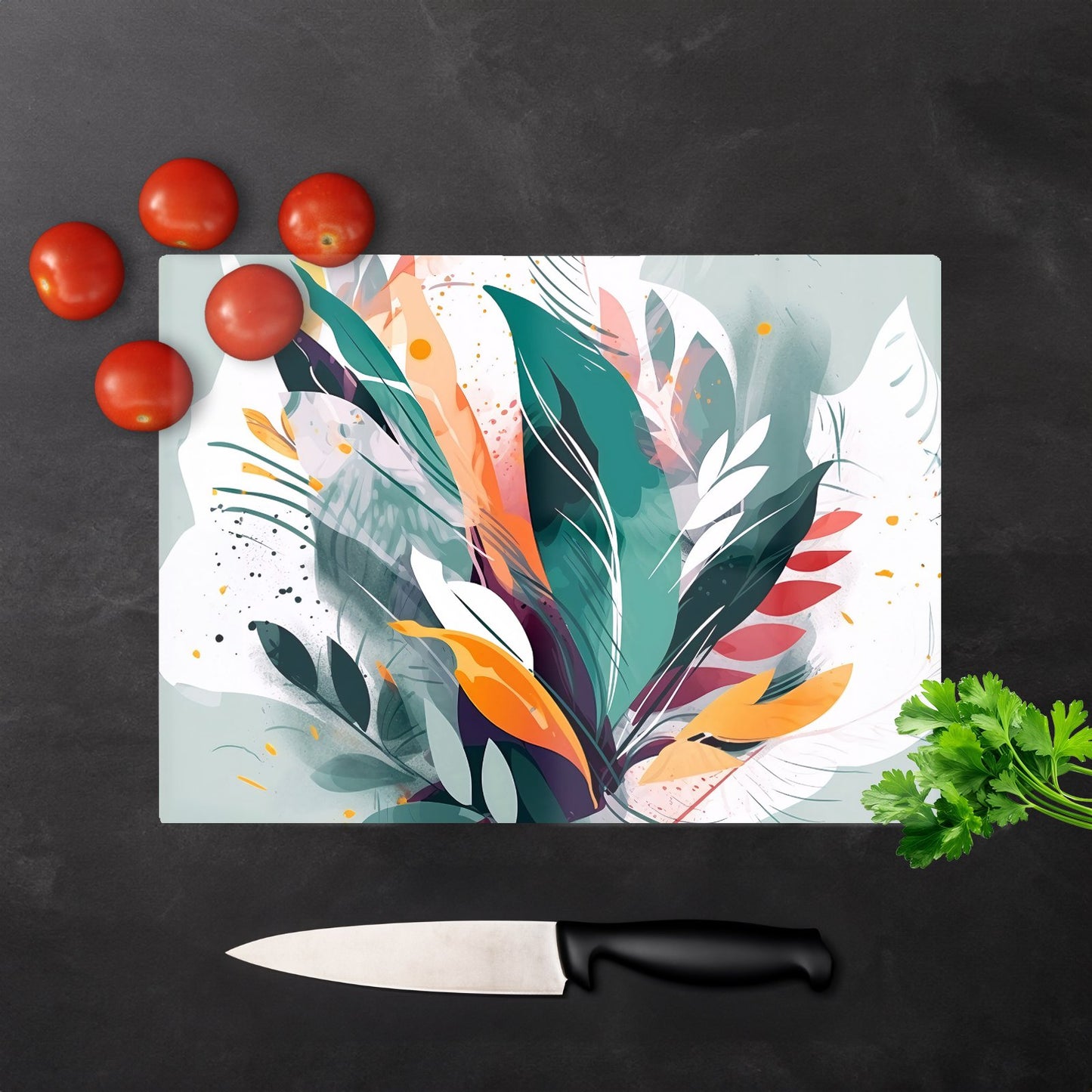 Coloured Abstrace Feather Leaves Glass Chopping Board