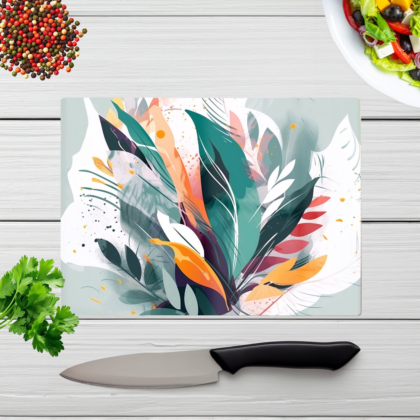 Coloured Abstrace Feather Leaves Glass Chopping Board