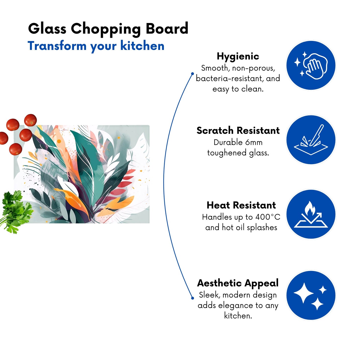 Coloured Abstrace Feather Leaves Glass Chopping Board