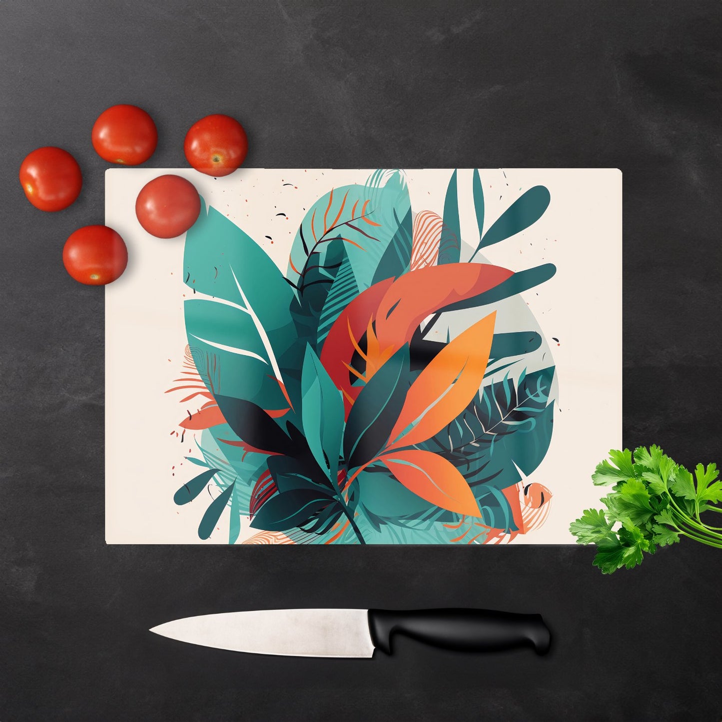 Green Orange Tropical Leaves Glass Chopping Board
