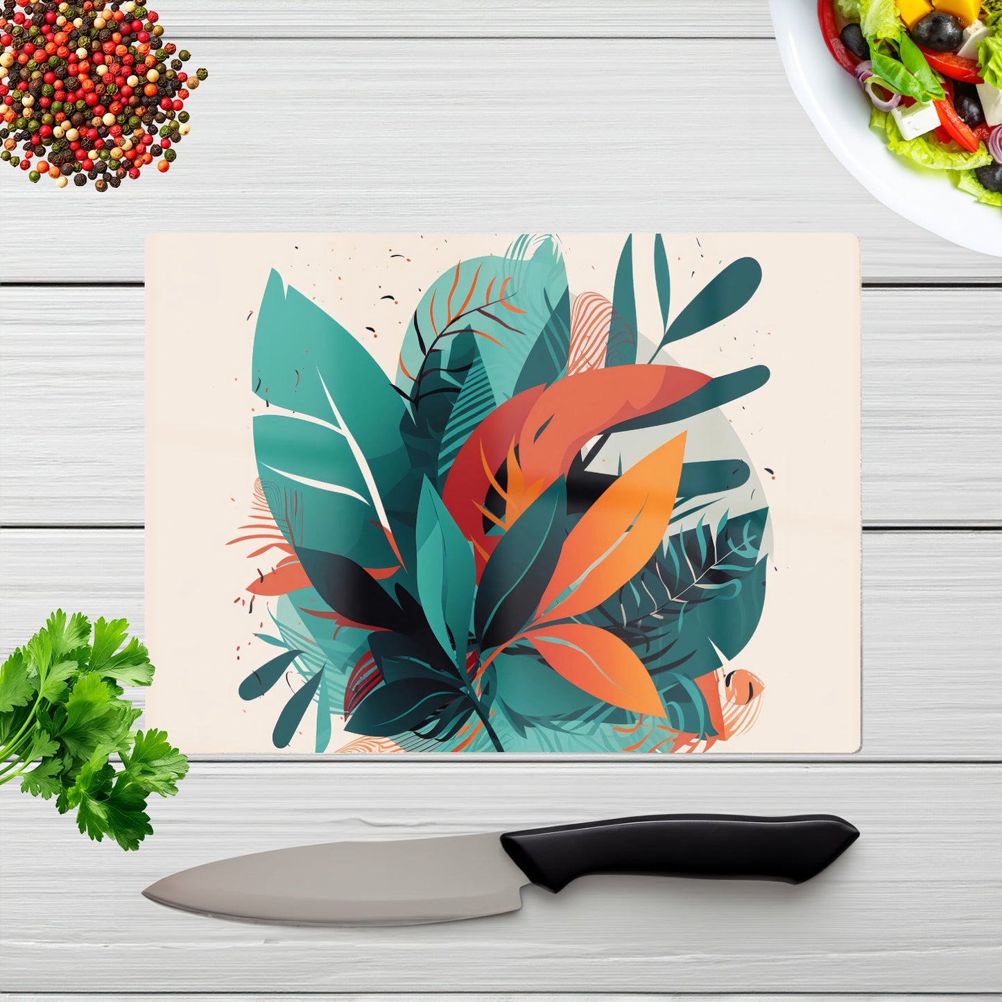 Green Orange Tropical Leaves Glass Chopping Board