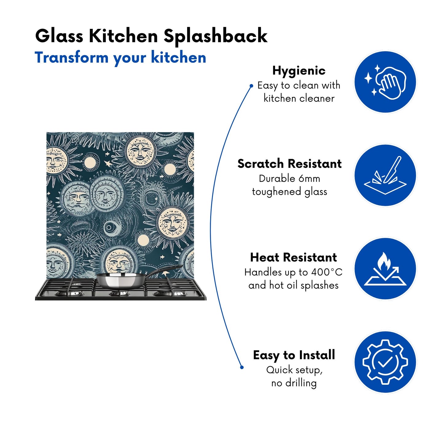 Silver Blue Moon and Stars Kitchen Splashback