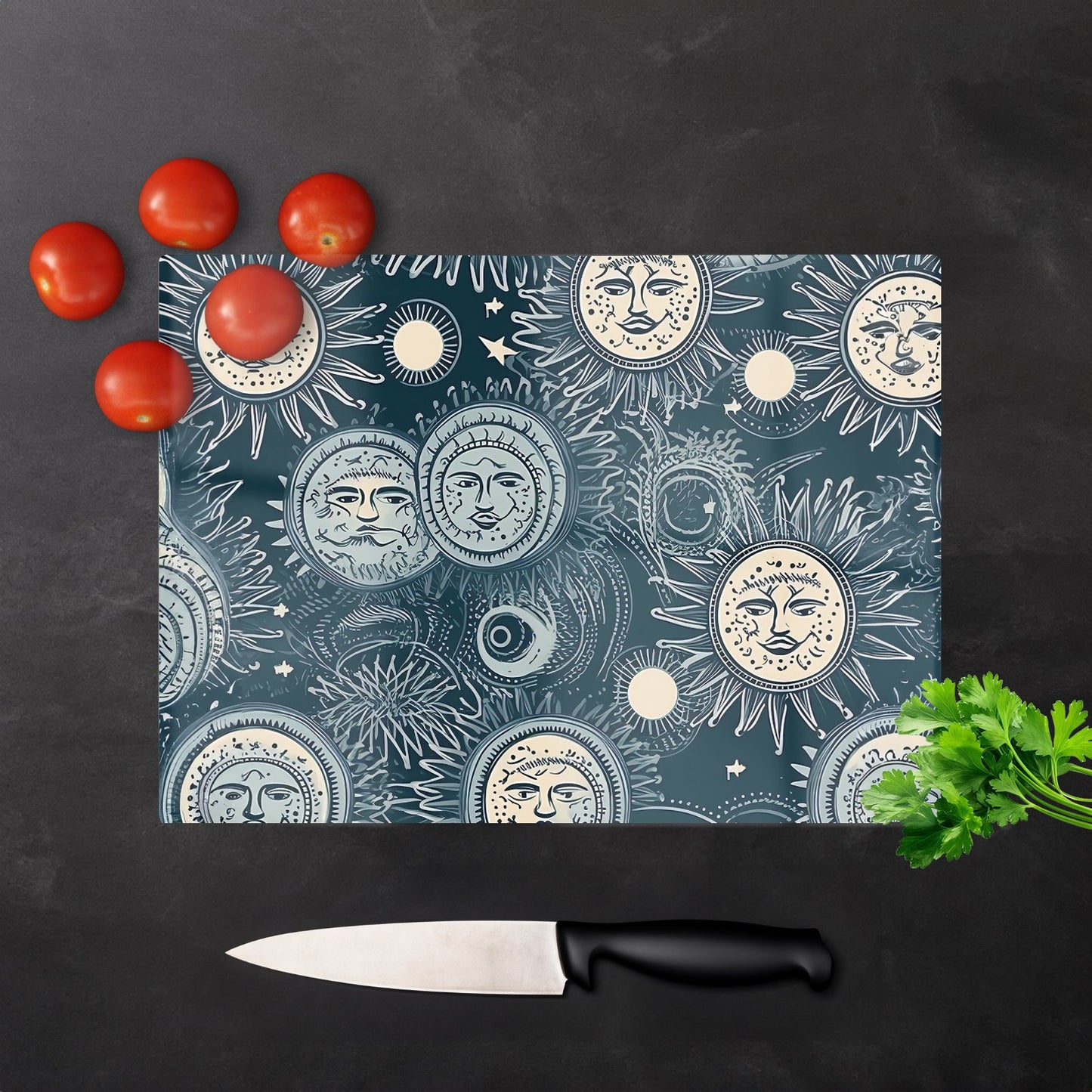 Silver Blue Moon And Stars Glass Chopping Board