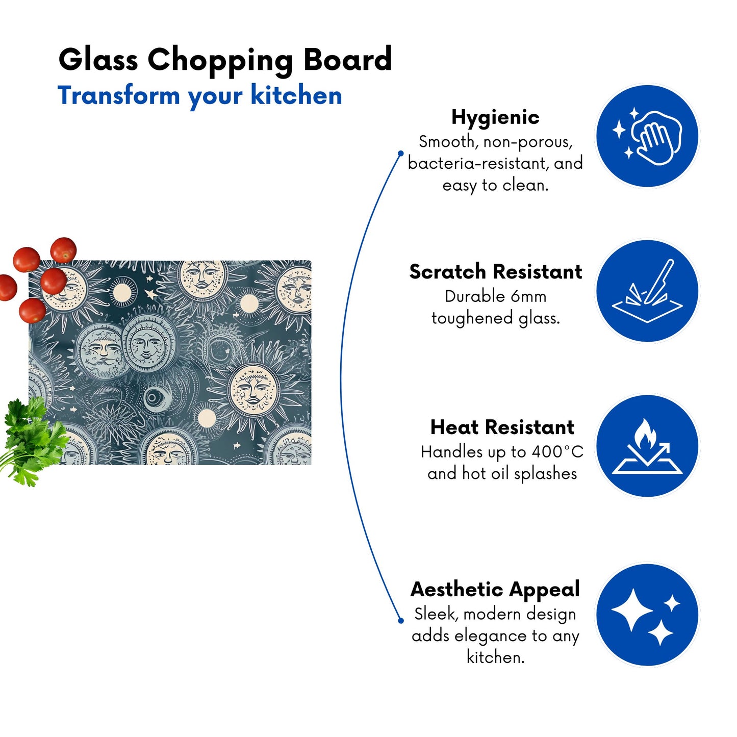 Silver Blue Moon And Stars Glass Chopping Board
