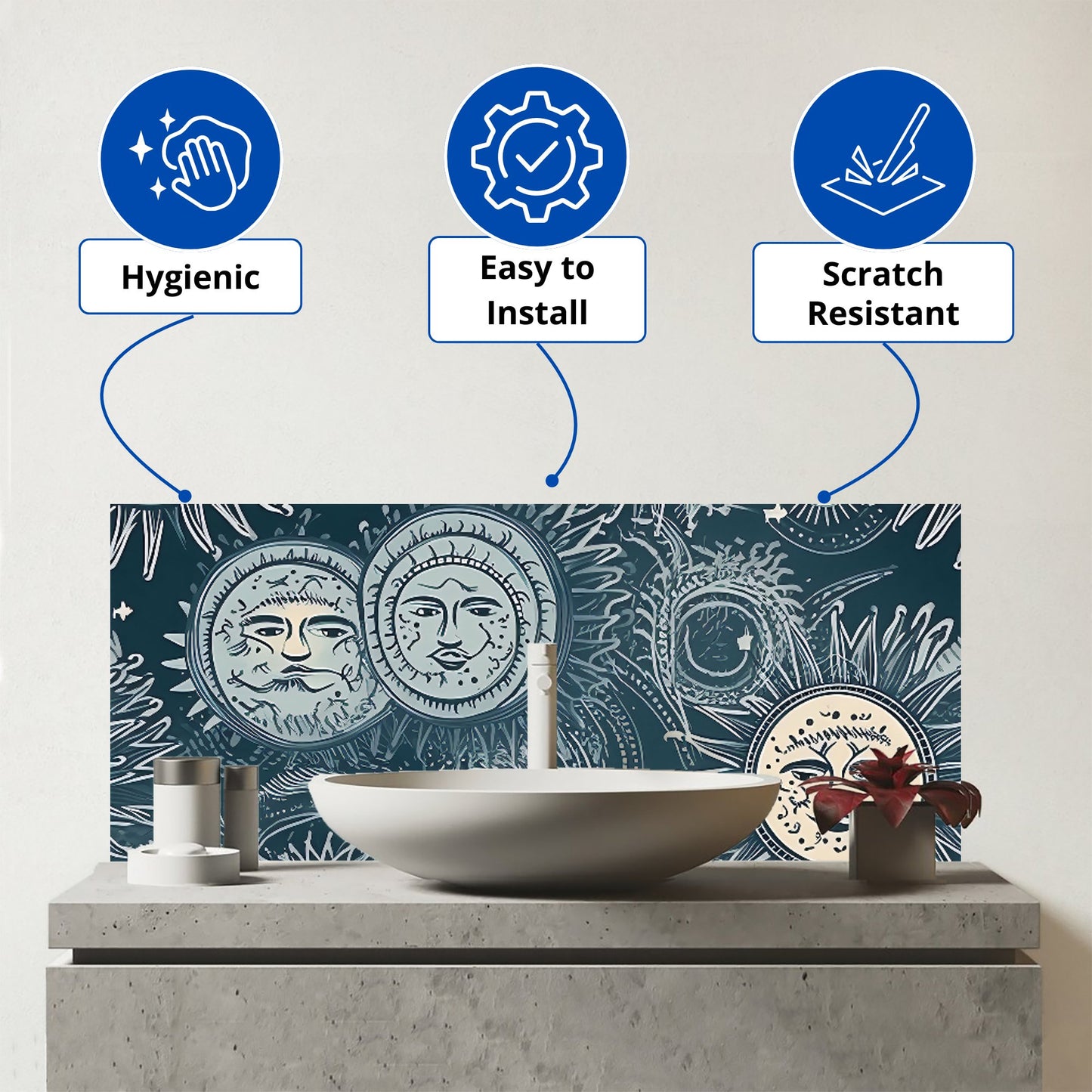 Silver Blue Moon and Stars Glass Bathroom Splashback