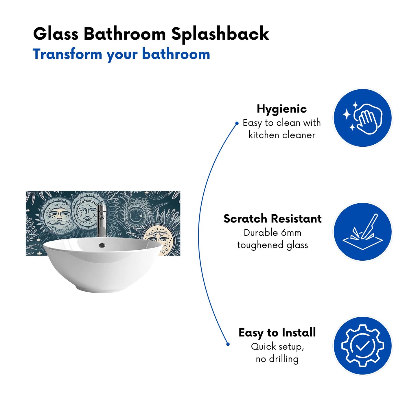 Silver Blue Moon and Stars Glass Bathroom Splashback