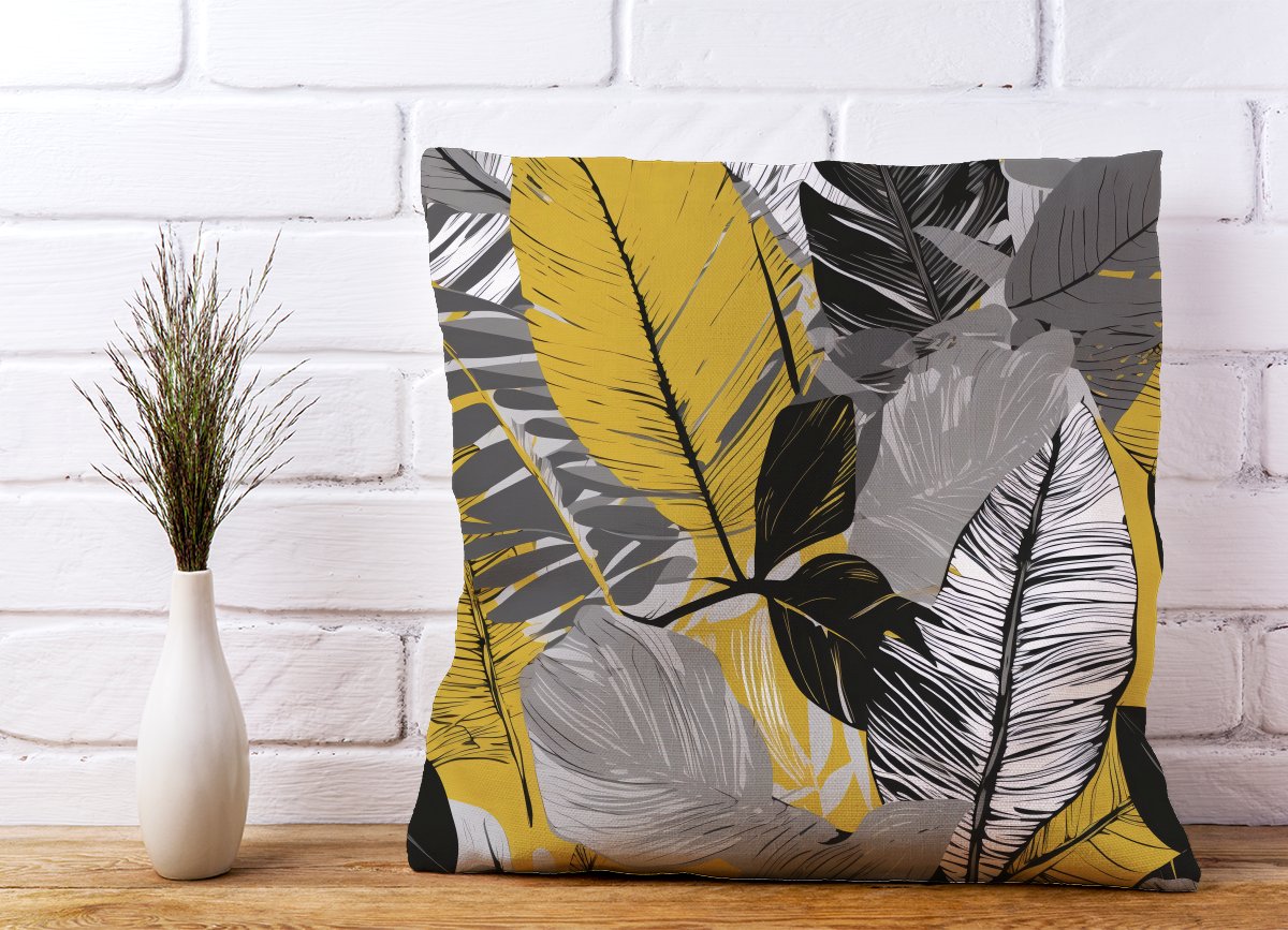Grey Yellow Floral Leaves Cushions