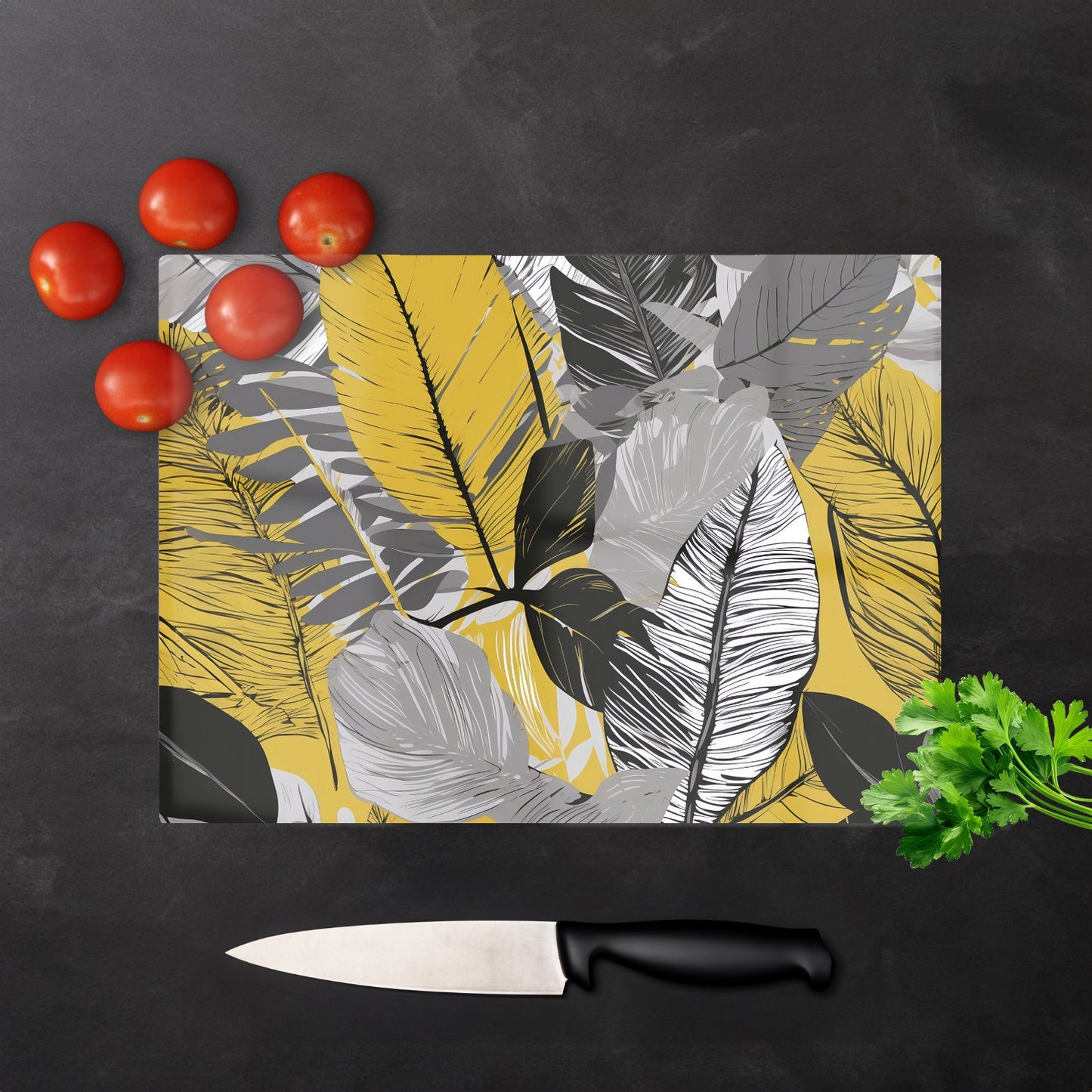 Grey Yellow Floral Leaves Glass Chopping Board
