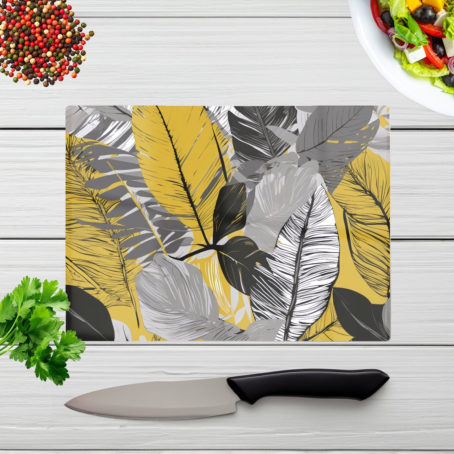 Grey Yellow Floral Leaves Glass Chopping Board