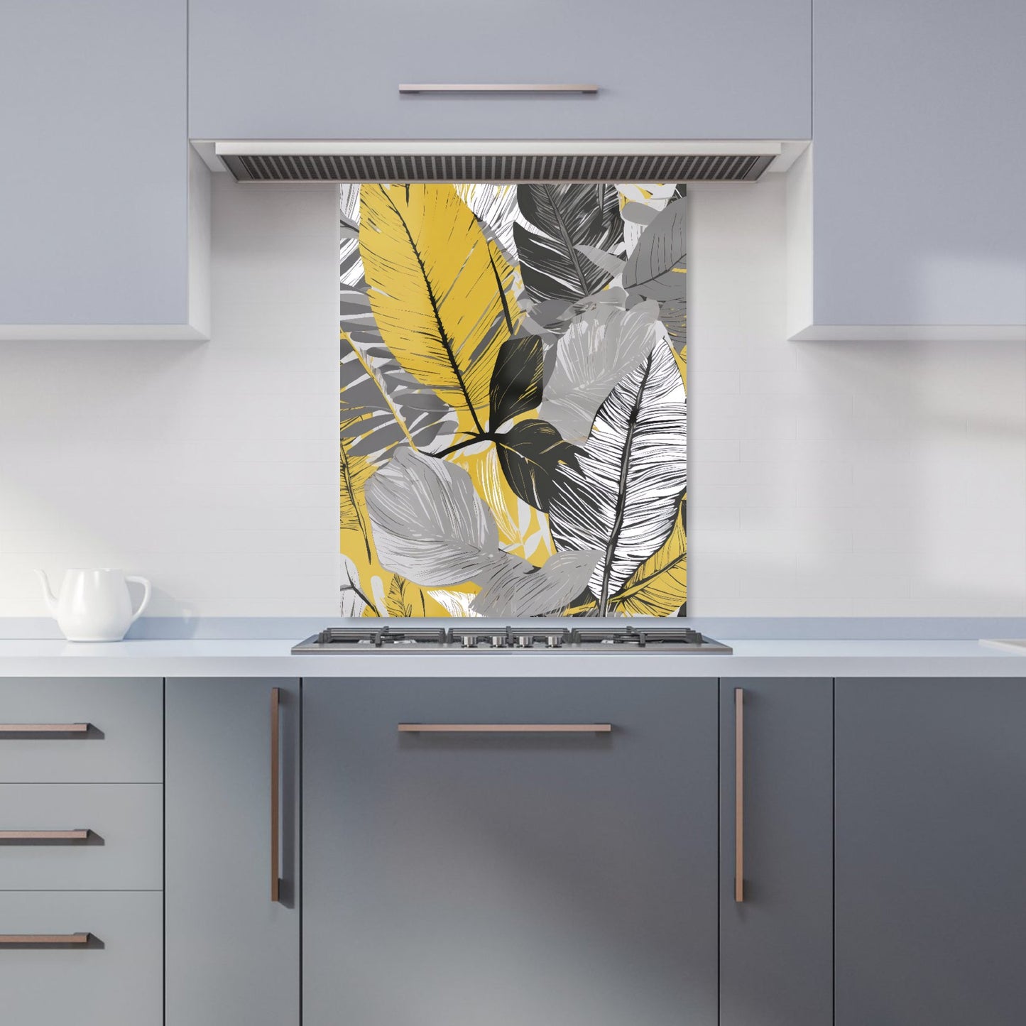 Grey Yellow Floral Leaves Kitchen Splashback