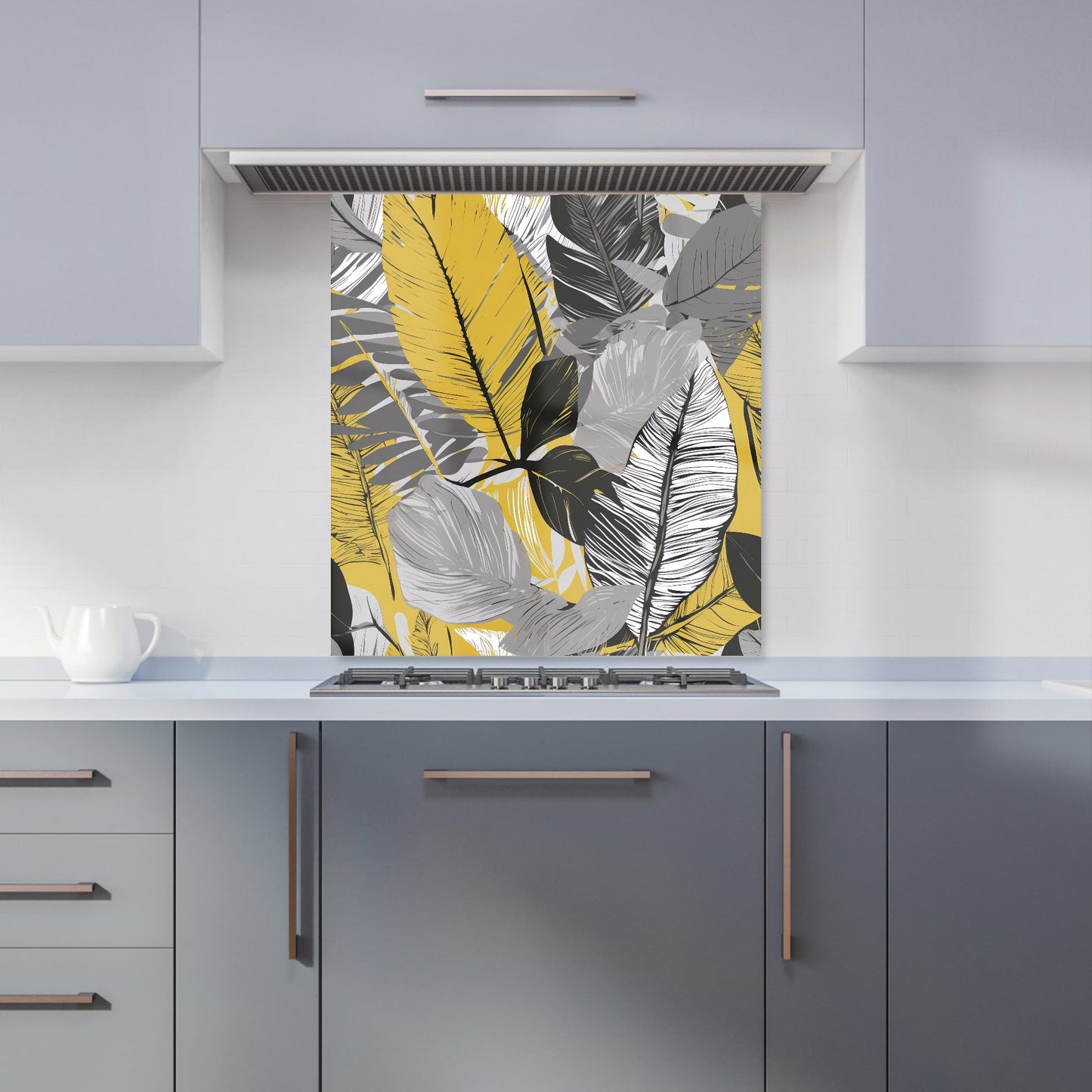 Grey Yellow Floral Leaves Kitchen Splashback