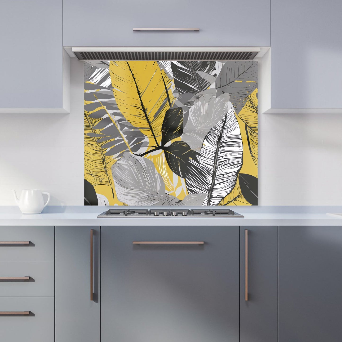 Grey Yellow Floral Leaves Kitchen Splashback