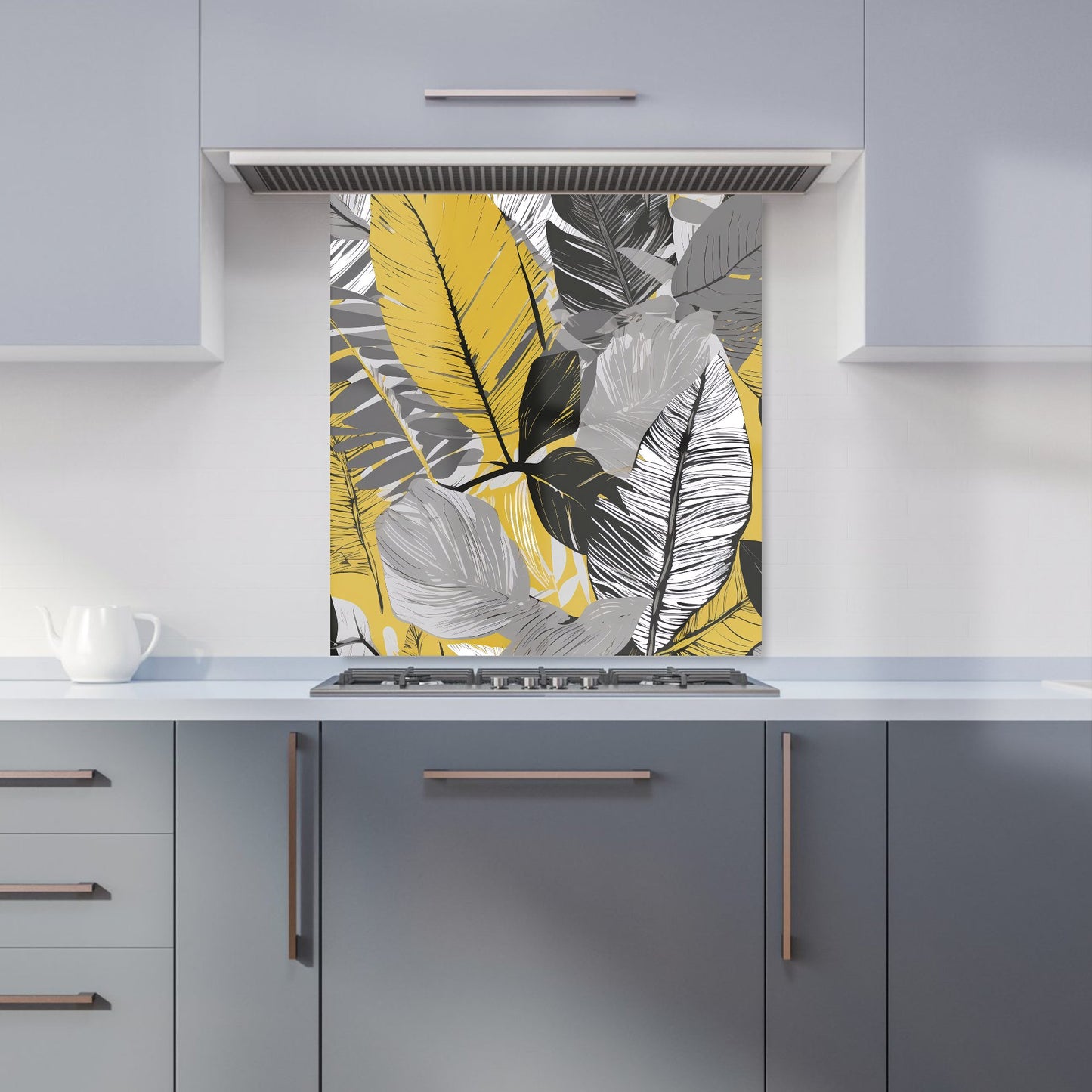 Grey Yellow Floral Leaves Kitchen Splashback