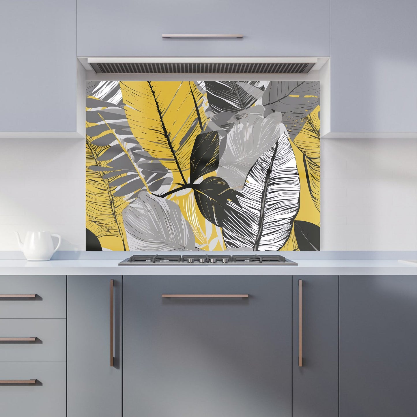 Grey Yellow Floral Leaves Kitchen Splashback
