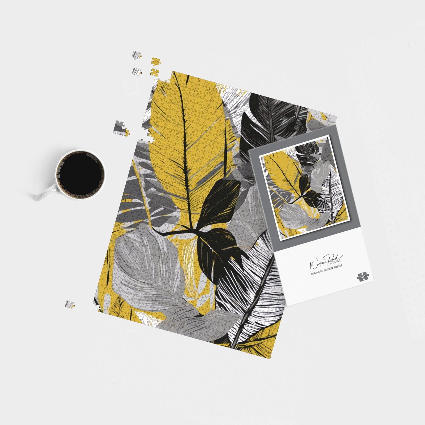 Grey Yellow Floral Leaves Jigsaw Puzzle