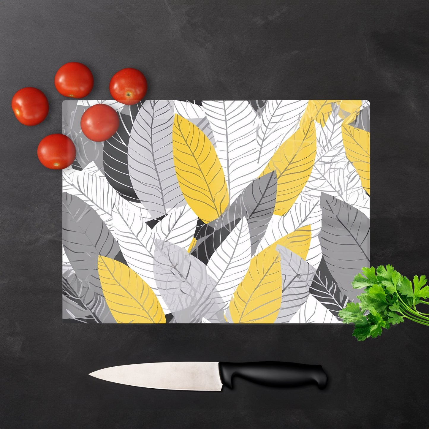 Yellow Grey Feather Leaves Glass Chopping Board