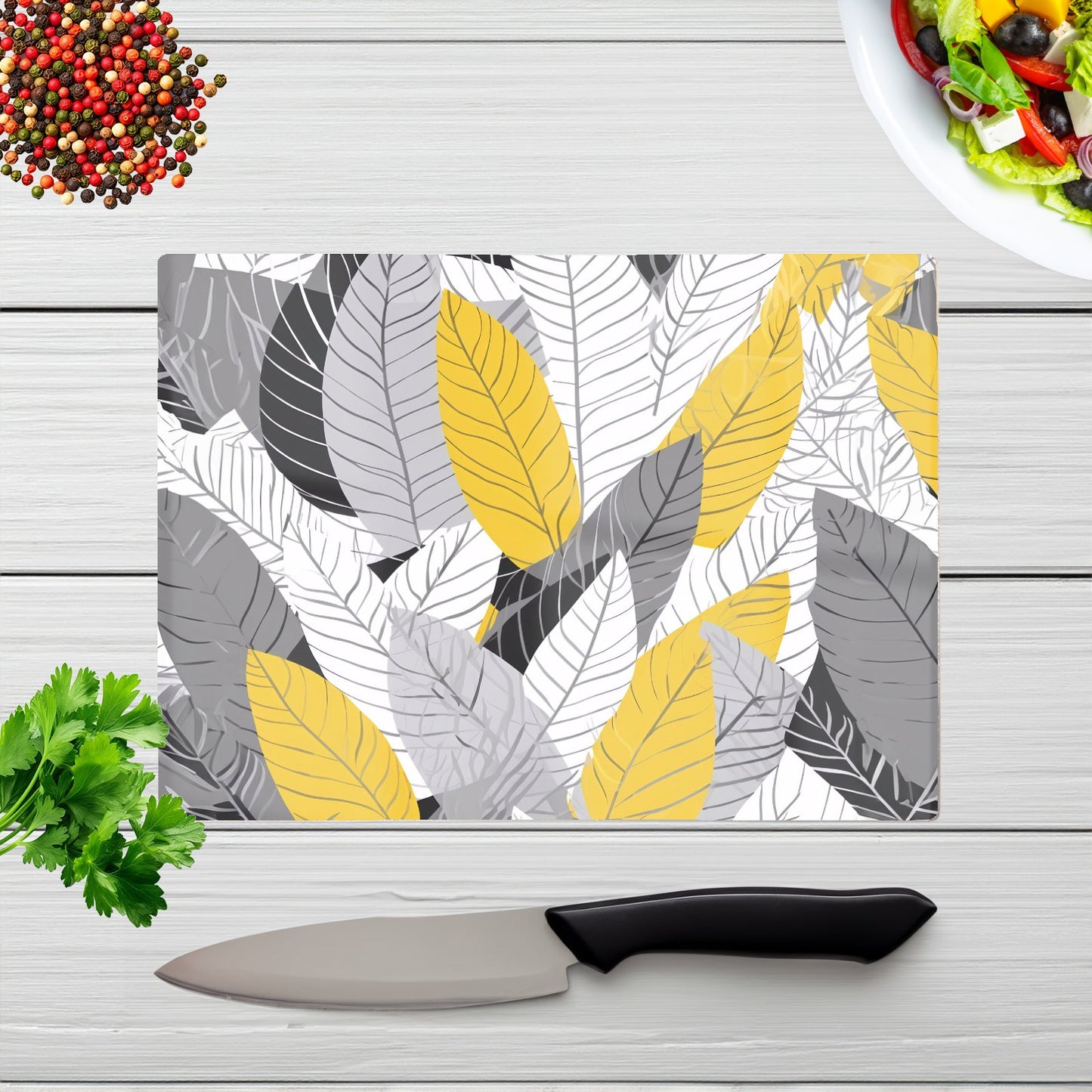 Yellow Grey Feather Leaves Glass Chopping Board