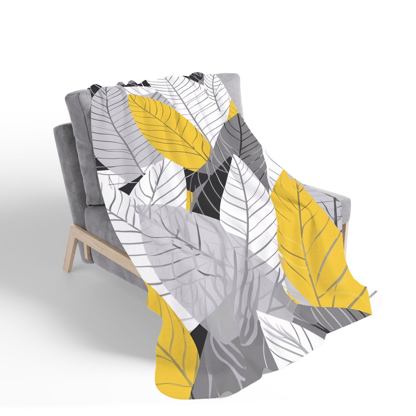 Yellow Grey Feather Leaves Sherpa Blanket