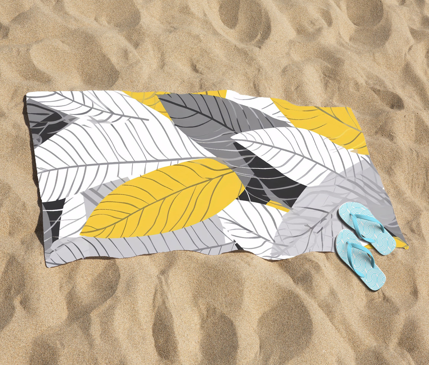 Yellow Grey Feather Leaves Beach Towel