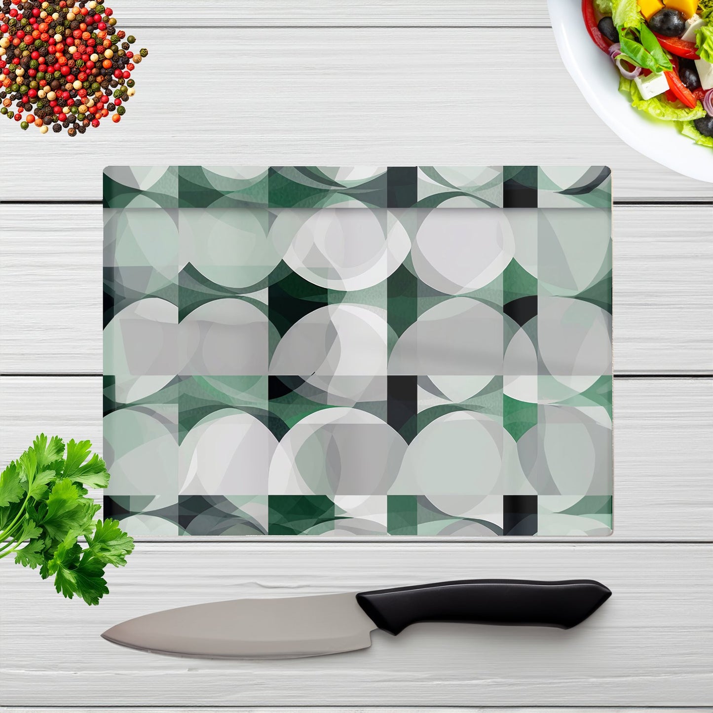 Geometric Grey Green Glass Chopping Board