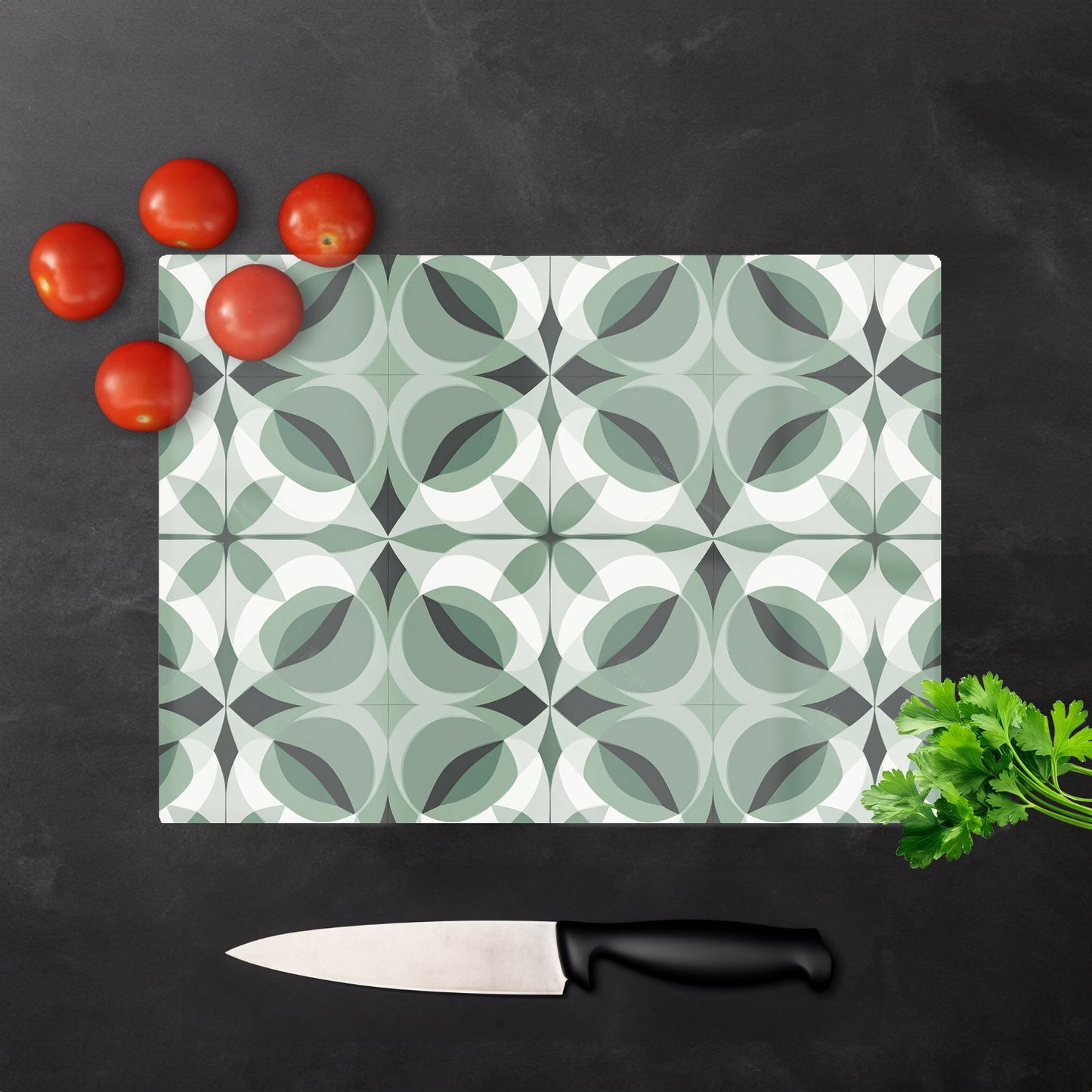Geometric Green Grey Glass Chopping Board