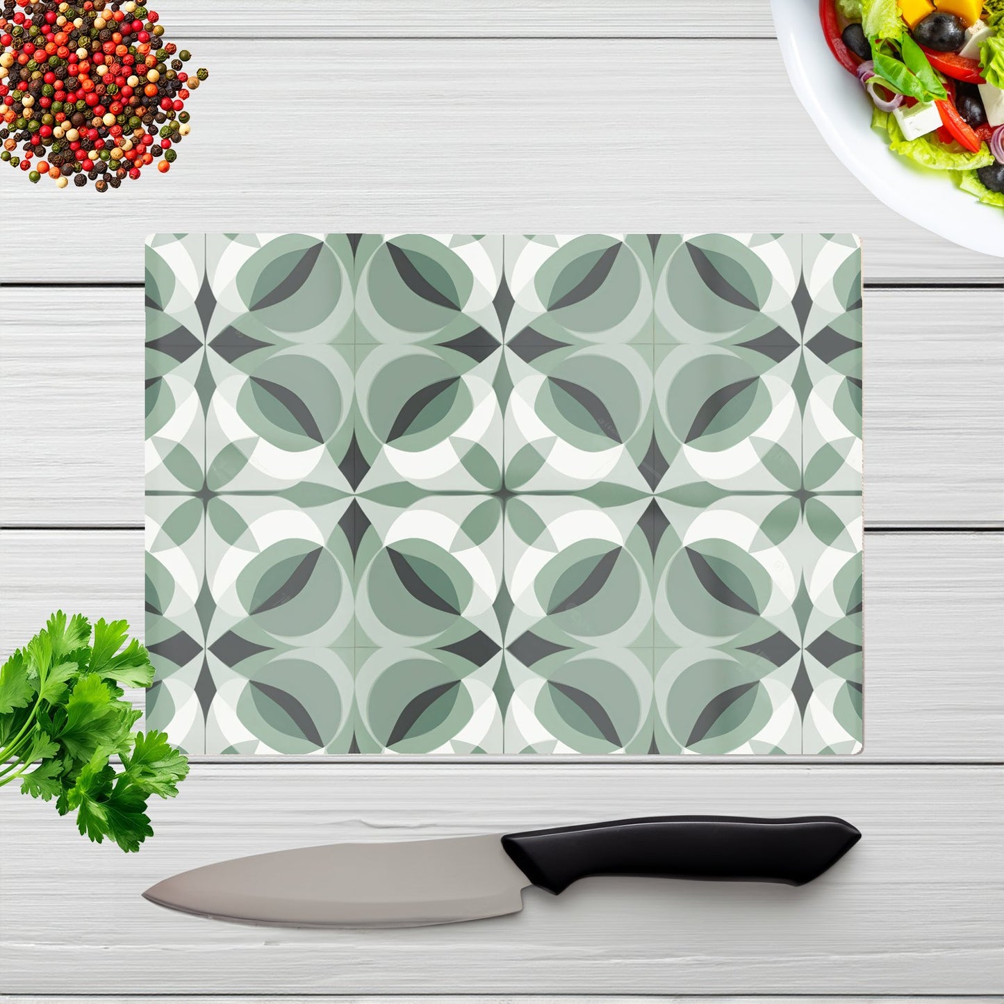 Geometric Green Grey Glass Chopping Board