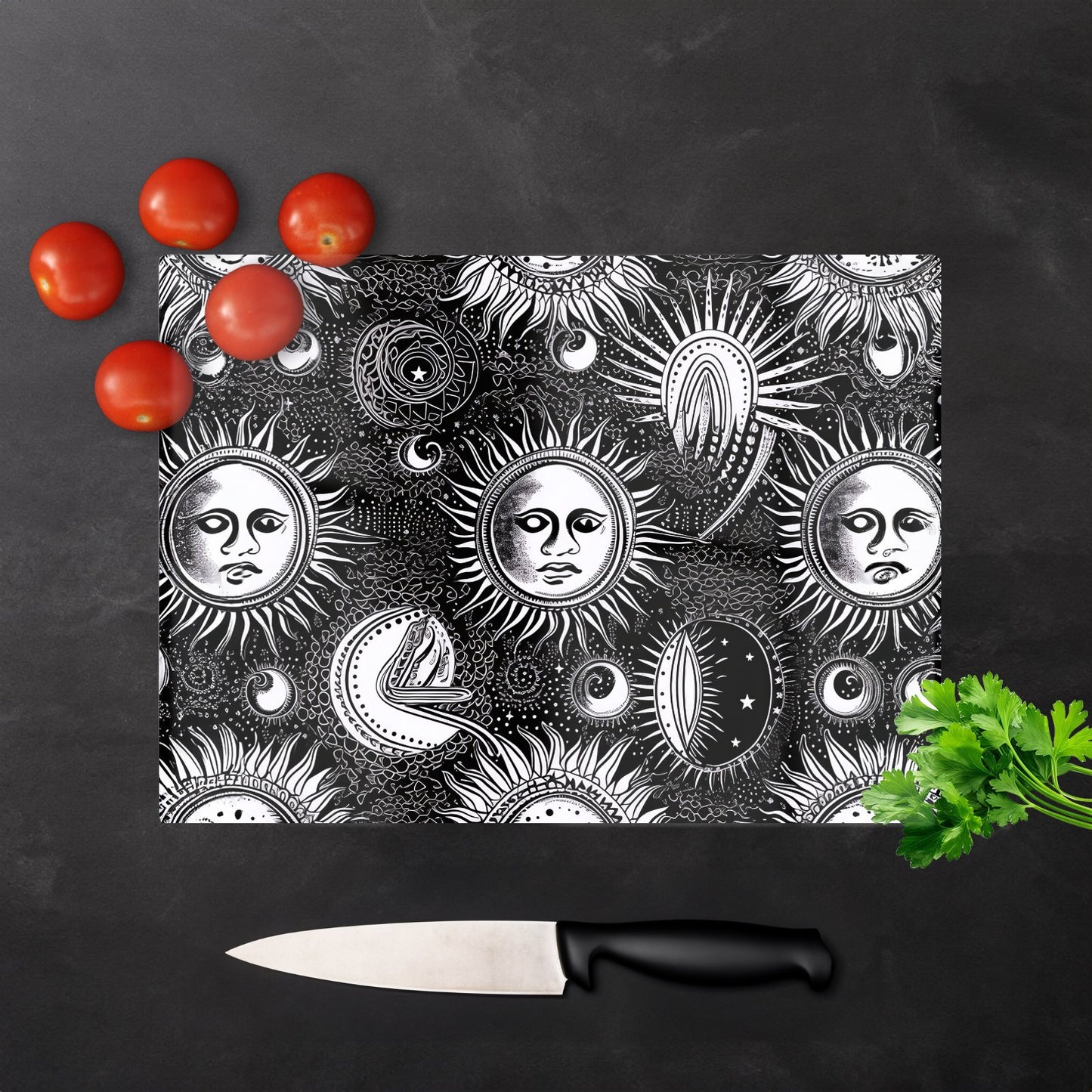 Moon And Sun Black White Glass Chopping Board