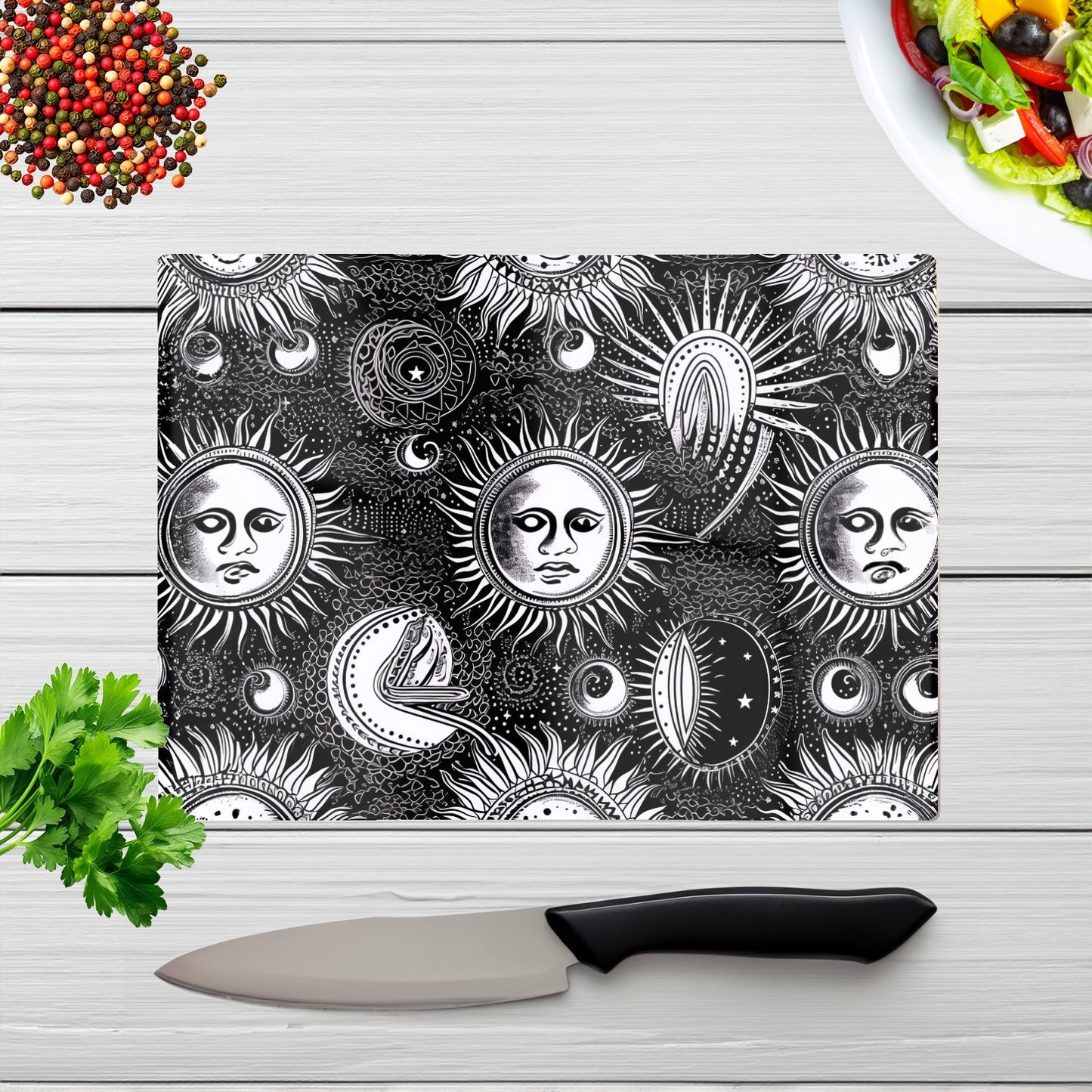 Moon And Sun Black White Glass Chopping Board