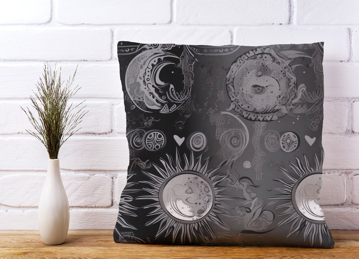 Black Grey Abstract Sun and Moon Cushions