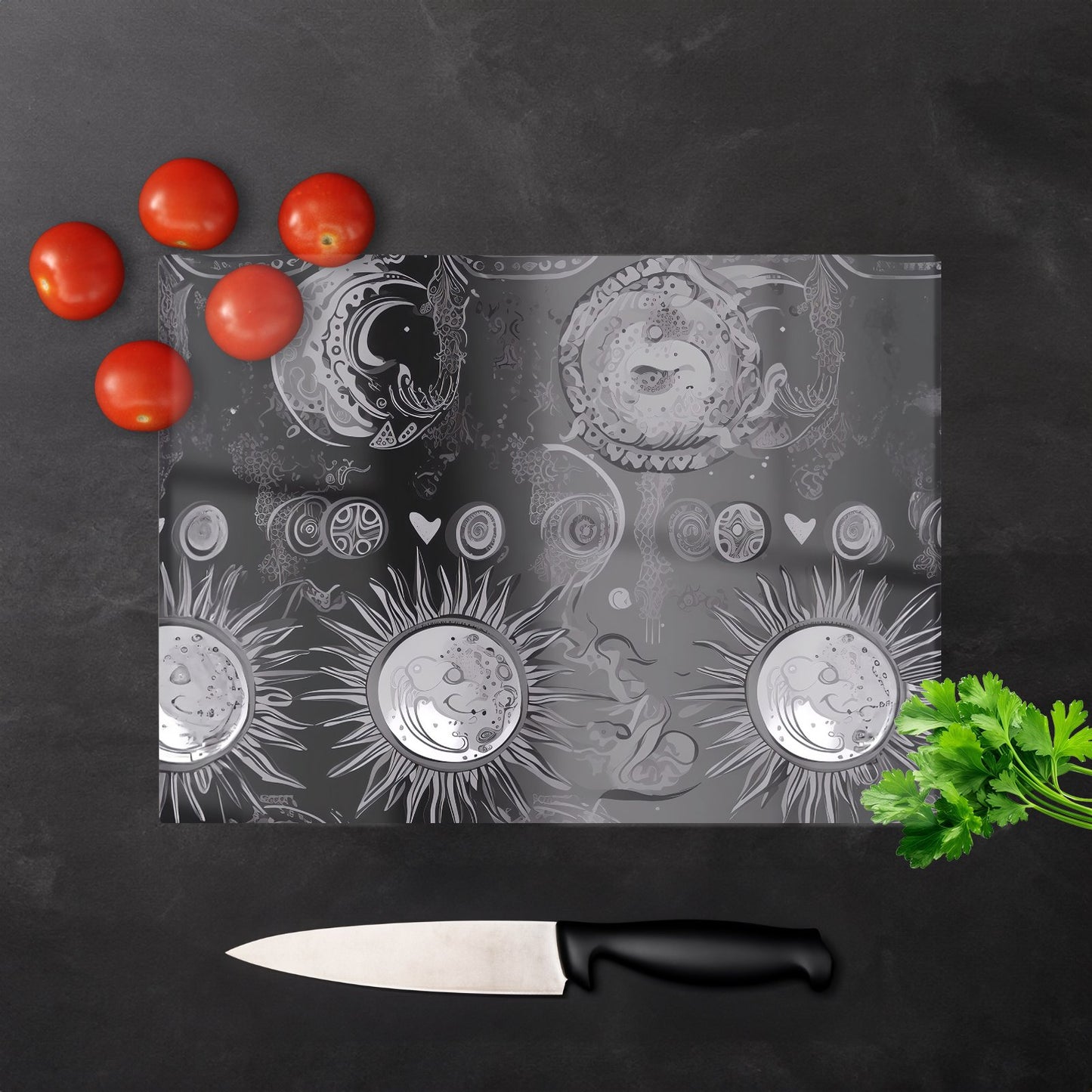Black Grey Abstract Sun And Moon Glass Chopping Board