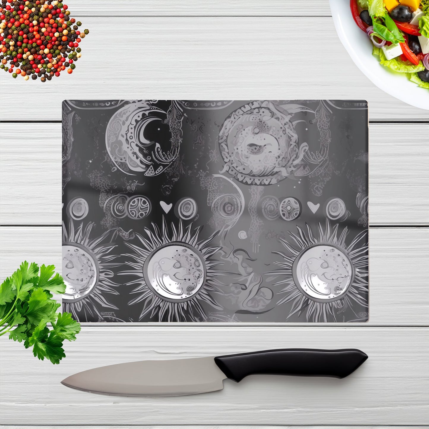 Black Grey Abstract Sun And Moon Glass Chopping Board