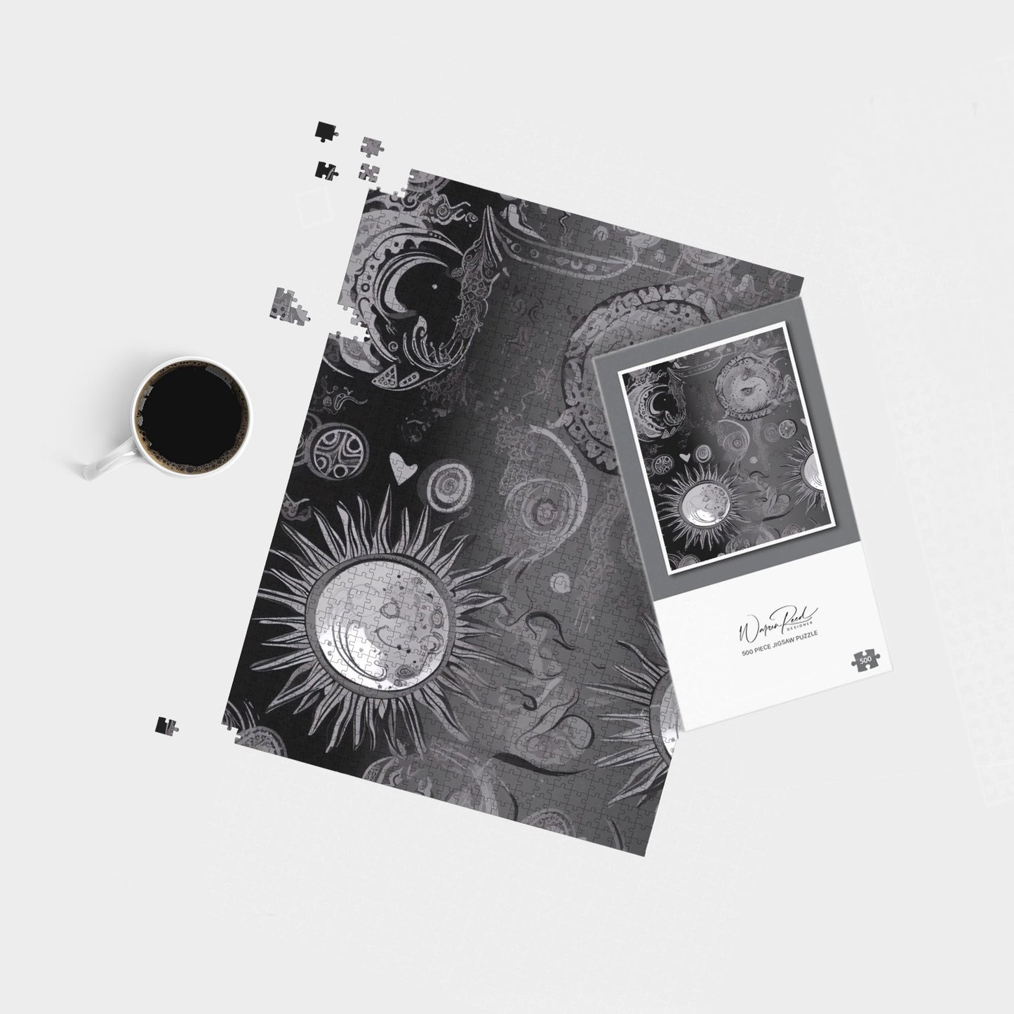 Black Grey Abstract Sun and Moon Jigsaw Puzzle