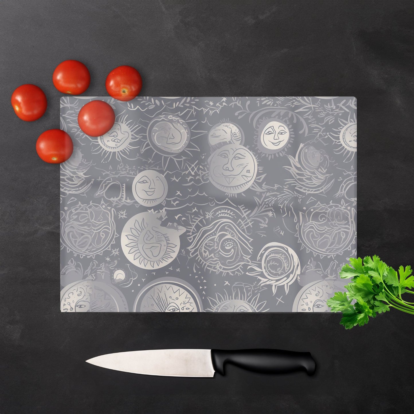 Sun And Moon In Grey Glass Chopping Board