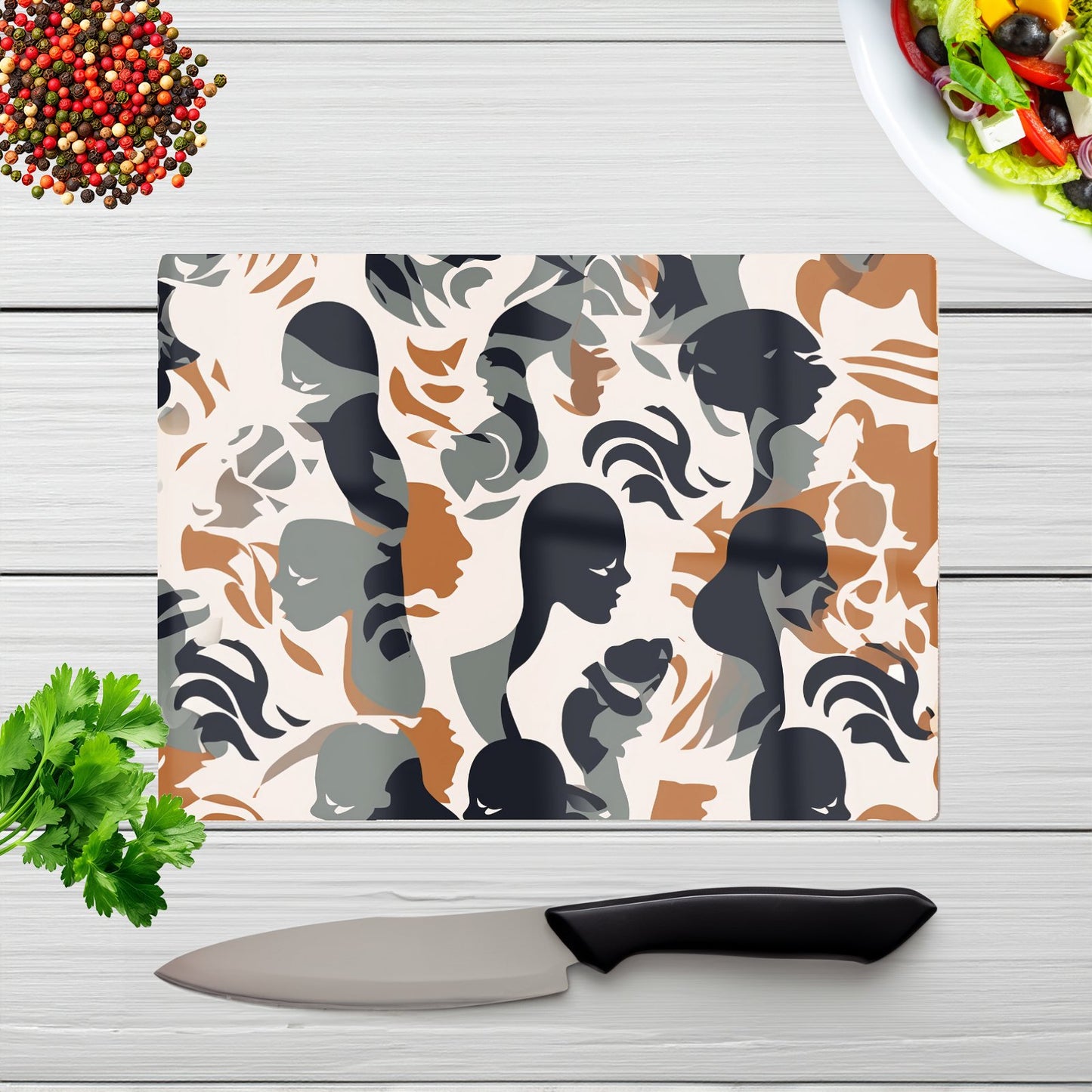 Abstract Grey Brown Silhouette Glass Chopping Board