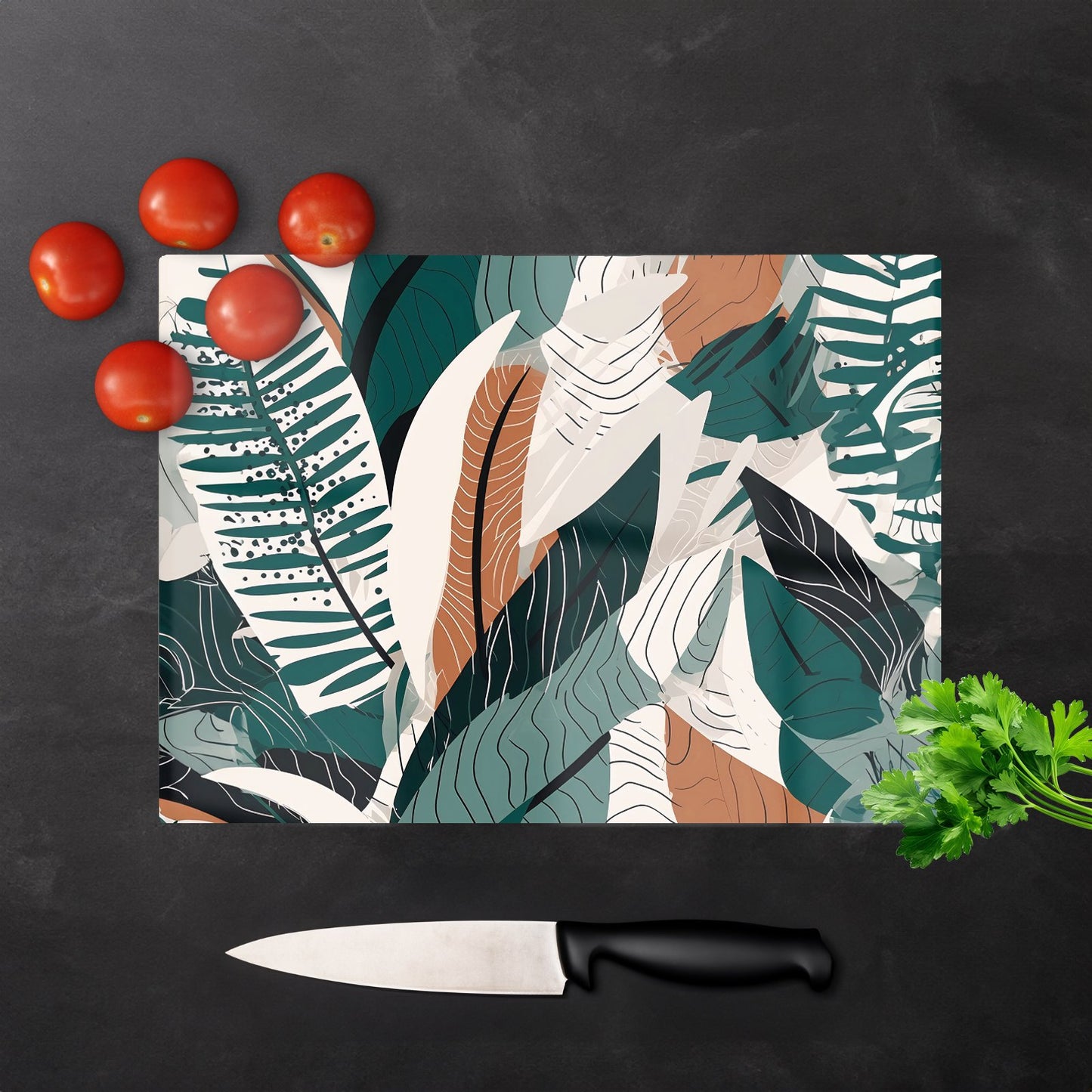 Autumn Tropical Leaves Green Brown Glass Chopping Board