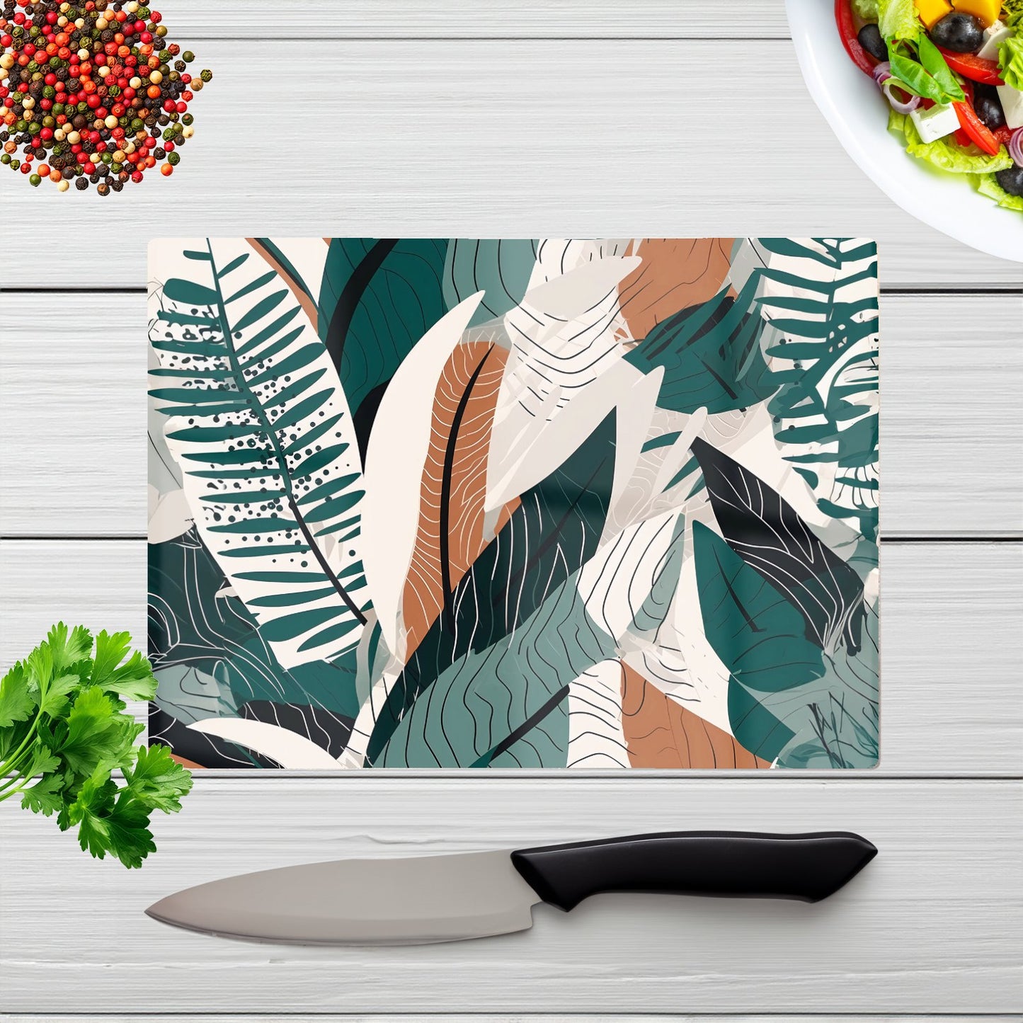 Autumn Tropical Leaves Green Brown Glass Chopping Board